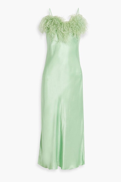 Boheme feather-trimmed satin midi slip dress