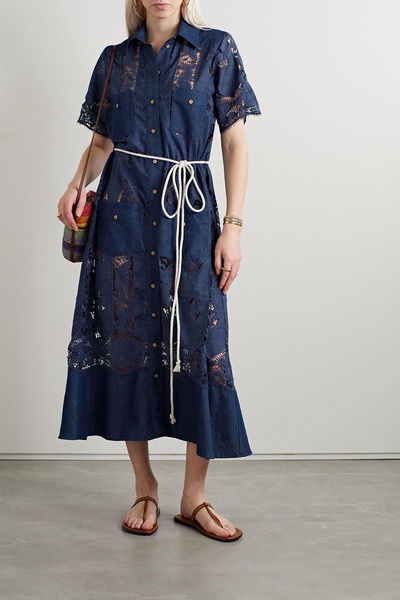 Berly belted corded lace and cotton-chambray midi dress