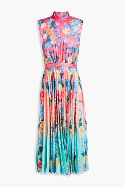 Fleur pleated printed satin-jacquard midi dress