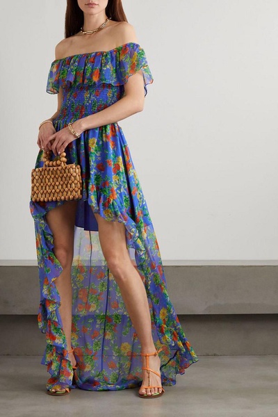 Della off-the-shoulder asymmetric ruffled floral-print silk-chiffon gown