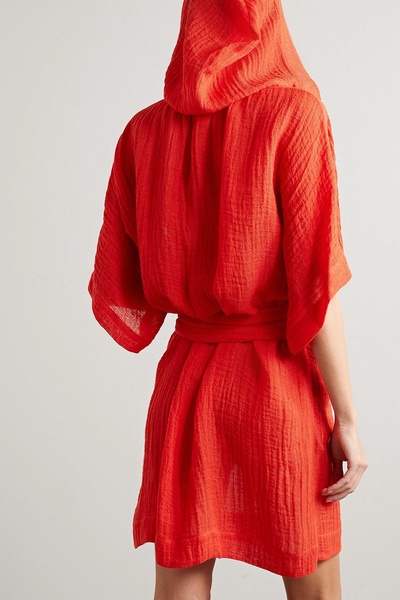 Belted linen-blend gauze coverup