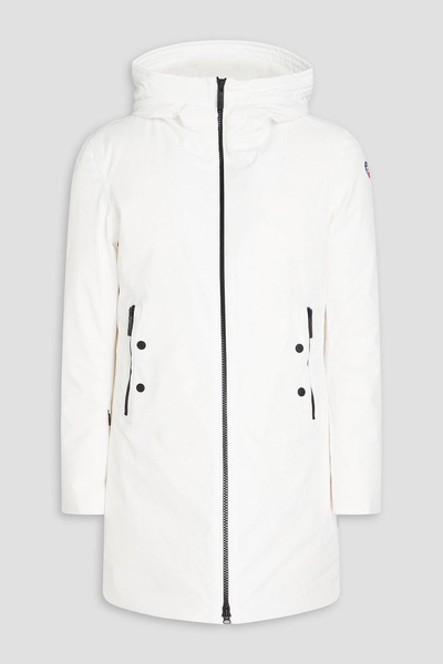 Appliquéd shell hooded down coat