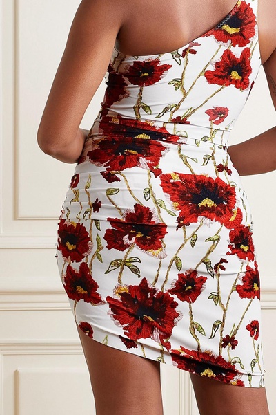 Asymmetric ruched floral-print stretch-jersey mini skirt