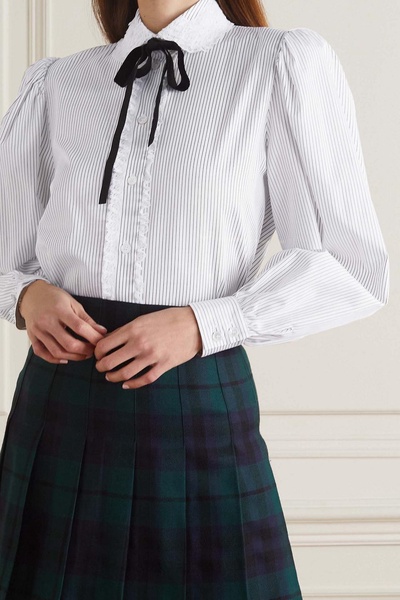 Striped lace-trimmed cotton-poplin blouse