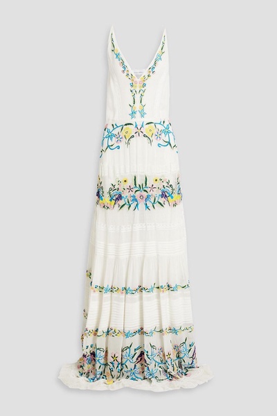 Corded lace-paneled embroidered chiffon maxi dress