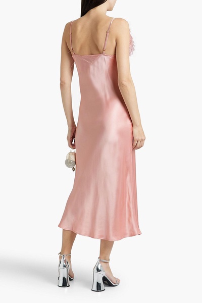 Boheme feather-trimmed satin midi slip dress