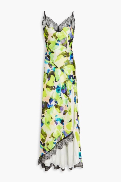 Sage lace-trimmed printed satin maxi dress