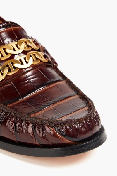 Chain-embellished croc-effect leather loafers