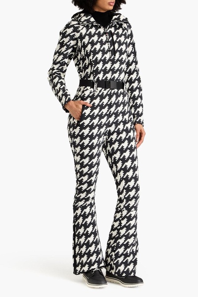 Belted houndstooth hooded ski suit