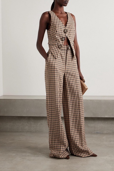 Crystal-embellished checked wool and cotton-blend wide-leg pants