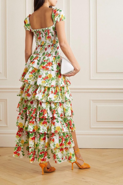 Malta shirred tiered floral-print cotton-voile gown