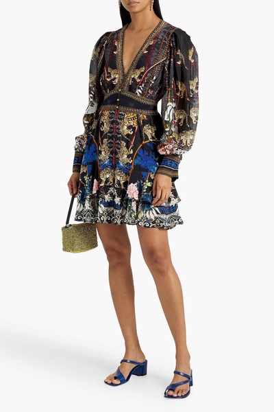 Crystal-embellished printed silk-chiffon mini dress