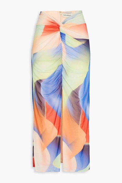 Monroe printed ruched stretch-mesh midi skirt