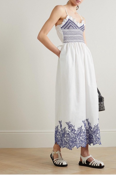 Bianca smocked embroidered cotton midi dress