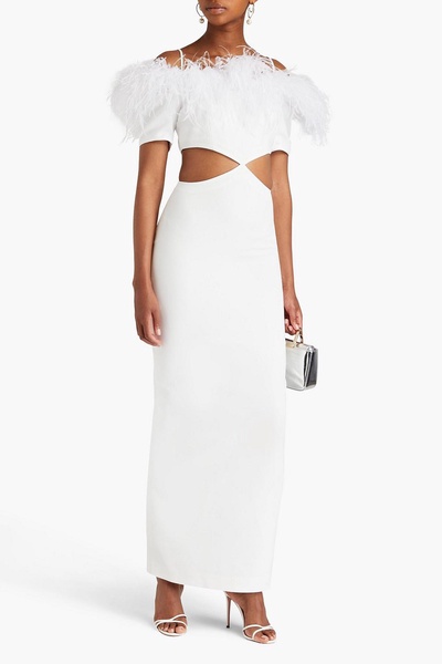 Cold-shoulder feather-trimmed crepe maxi dress