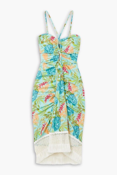 Tropicalia crochet-trimmed printed stretch-velvet midi dress