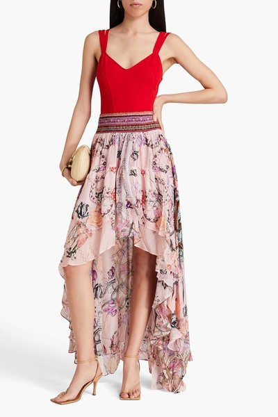 Crystal-embellished printed silk-chiffon skirt