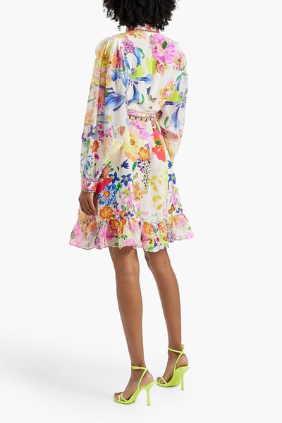 Crystal-embellished printed silk crepe de chine mini shirt dress