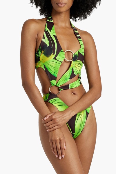 Cutout printed halterneck swimsuit