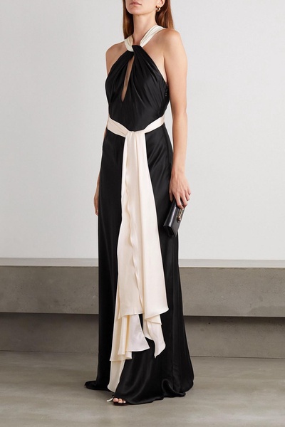 Belted two-tone cutout silk-satin gown