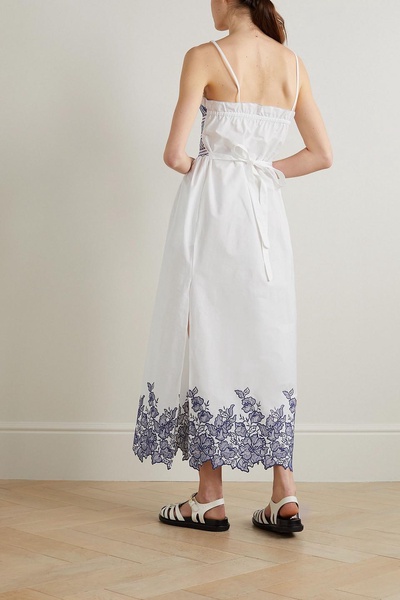 Bianca smocked embroidered cotton midi dress