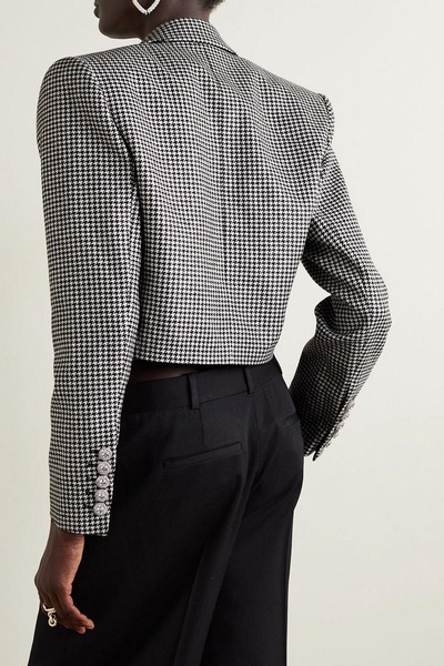 Cropped satin-trimmed metallic houndstooth wool-blend blazer