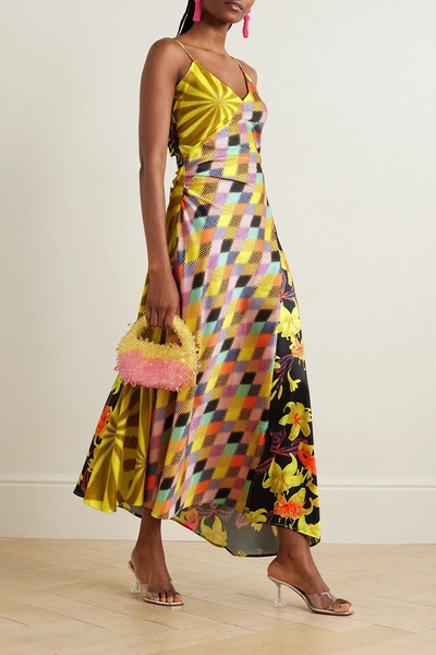 Asymmetric printed duchesse-satin maxi dress