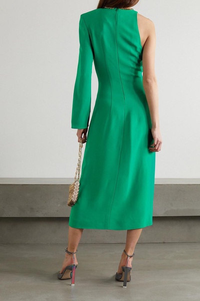 One-sleeve chain-embellished crepe midi dress