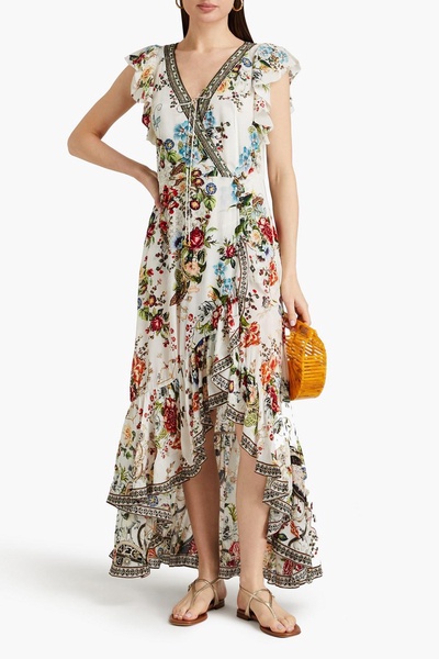 Embellished floral-print silk crepe de chine maxi wrap dress