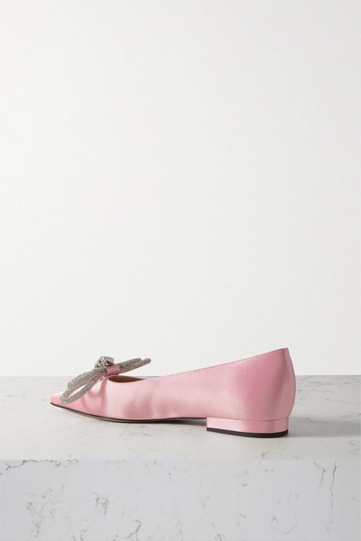 Double Bow crystal-embellished satin point-toe flats