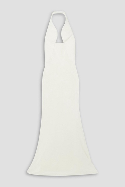 Paneled piqué and silk-crepe halterneck gown