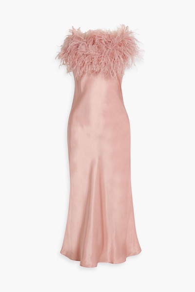 Boheme feather-trimmed satin midi slip dress