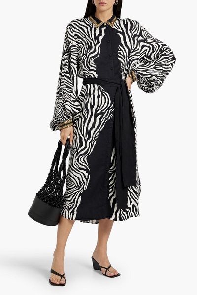 Crystal-embellished zebra-print woven midi shirt dress