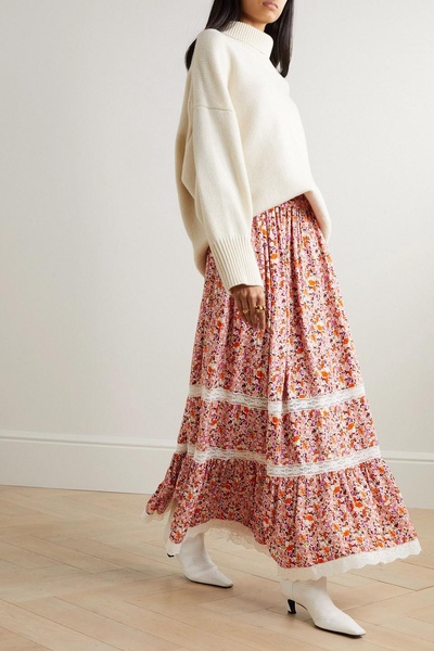 Clotilde lace-trimmed floral-print crepe de chine maxi skirt