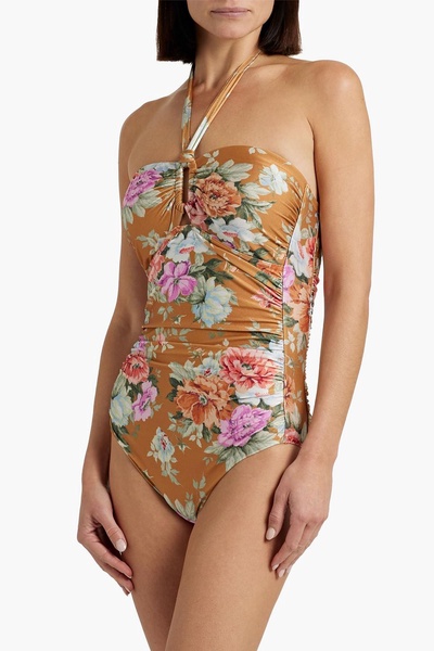 Ruched floral-print halterneck swimsuit