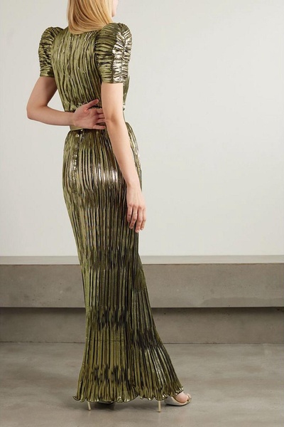 Belted metallic pleated-lamé gown