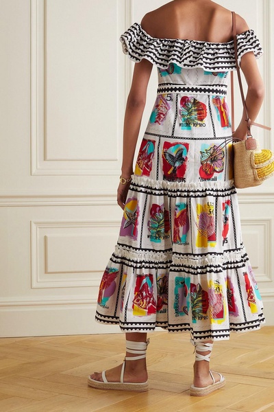 Cannes off-the-shoulder tiered printed cotton-blend midi dress