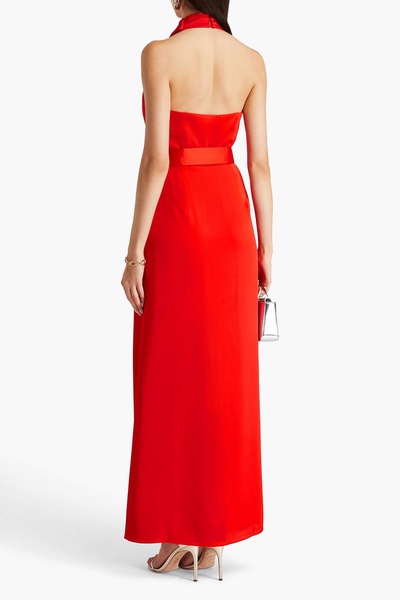 Lacey belted wrap-effect satin-crepe halterneck gown