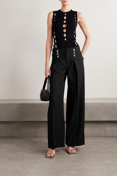 Embellished pleated woven wide-leg pants