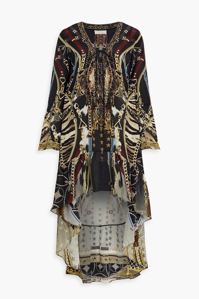 Asymmetric crystal-embellished printed silk crepe de chine dress