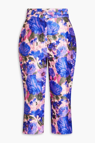 Belted copped floral-print silk-satin tapered pants