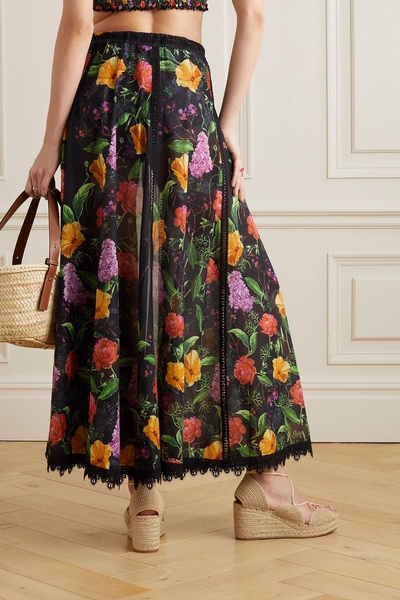 Shasa guipure lace-trimmed floral-print cotton-blend voile maxi skirt