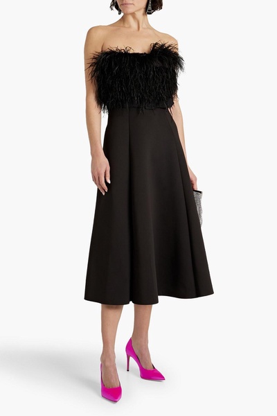 Strapless belted faux feather-embellished scuba midi dress