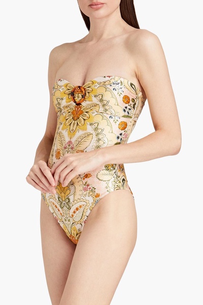 Embellished printed bandeau swimsuit