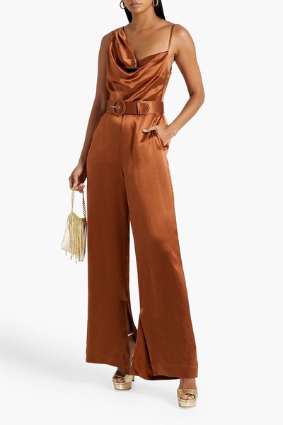 Vera asymmetric belted silk-satin wide-leg jumpsuit