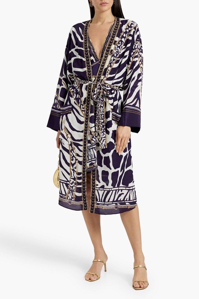 Belted crystal-embellished printed silk crepe de chine coverup