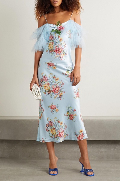 Embellished tulle-trimmed floral-print silk midi dress