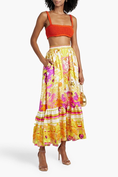 Crystal-embellished printed silk maxi skirt