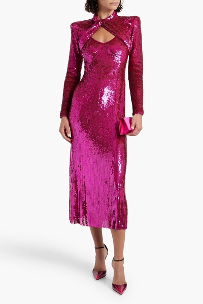 Twisted cutout sequined tulle midi dress