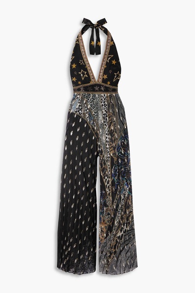 Embellished printed fil coupé silk-crepe halterneck jumpsuit